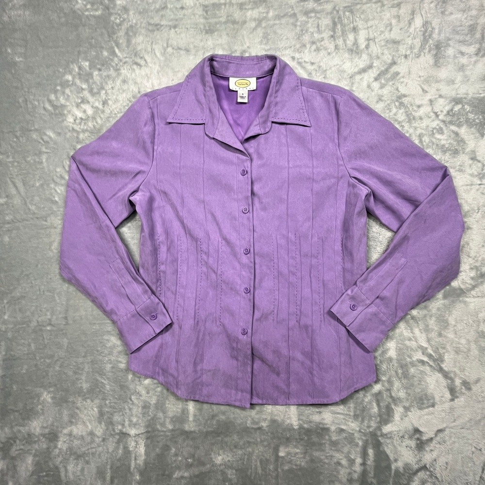 Talbots Button Down Shirt Womens S Purple Pintuck‎ Long Sleeve Faux Suede Style